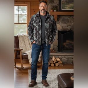 Rock & Roll Denim Turquoise Brown Aztec Shacket Mens Size Small